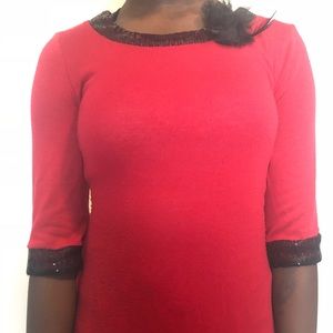 Red Tunic Top Trimmed w/ Black Sequin